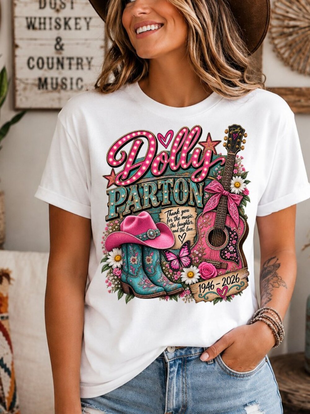 Dolly Parton Song Titles Graphic Tee Country Western T Shirt White